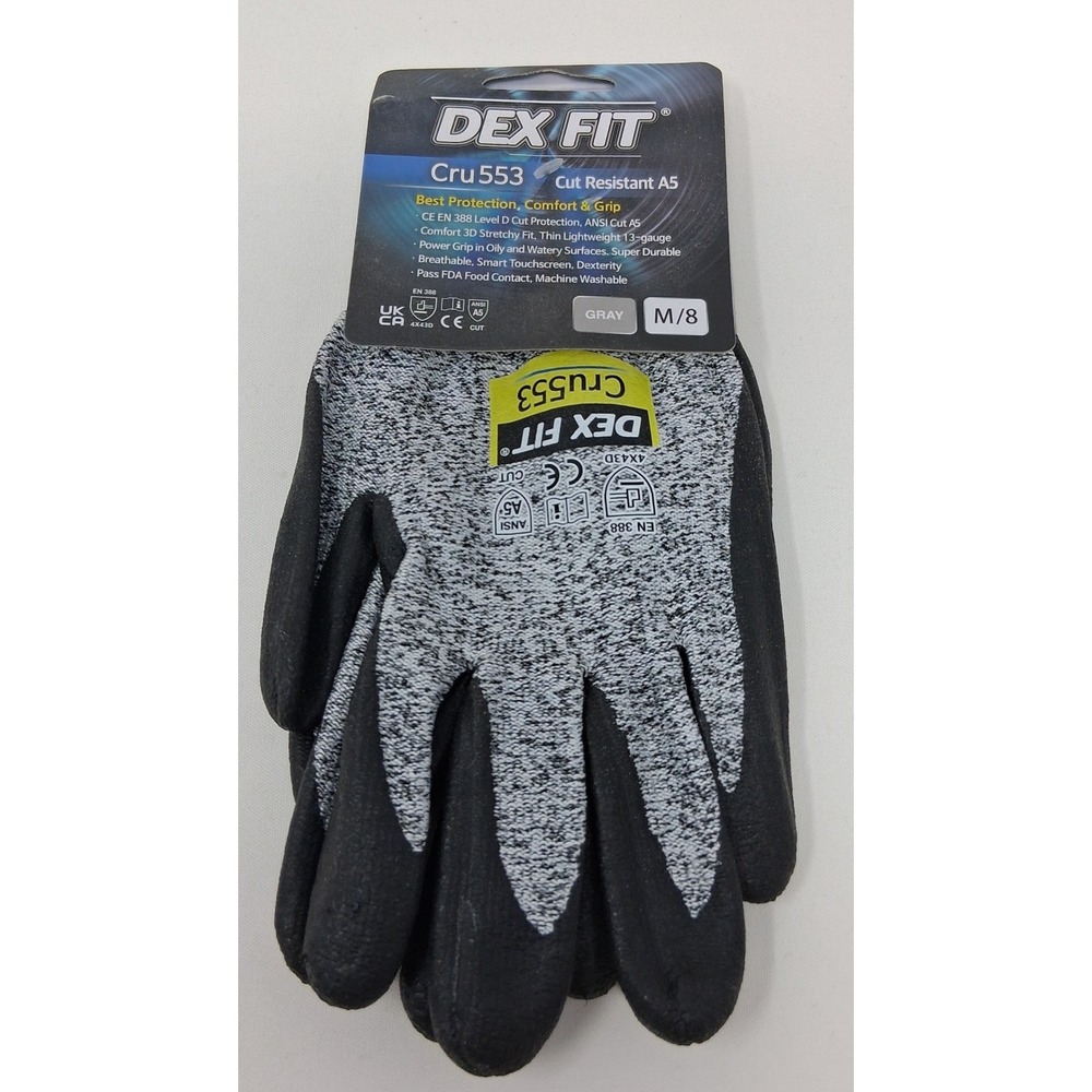 DEX FIT Cru553 Cut Resistant A5 Work Gloves Gray Black Medium M/8 Touchscreen